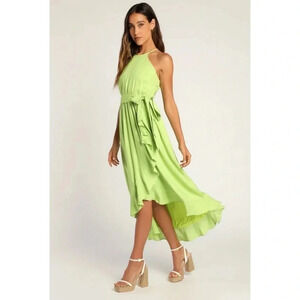 Lulus NWT Bright Expression Lime Green Faux-Wrap Ruffled Midi Dress Small